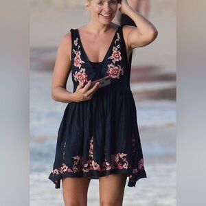 FP by Intimately Free People Dark Blue Dress with Orange Floral Embroidery S